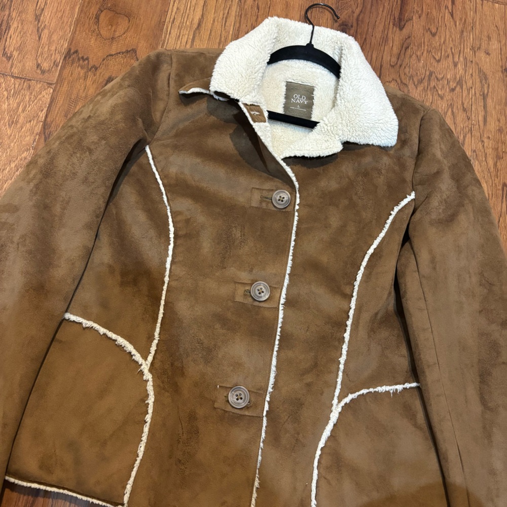 Y2K 2006  Old Navy Faux Suede Sherpa Jacket Women’s Large – Brown / Cream - Picture 2 of 16